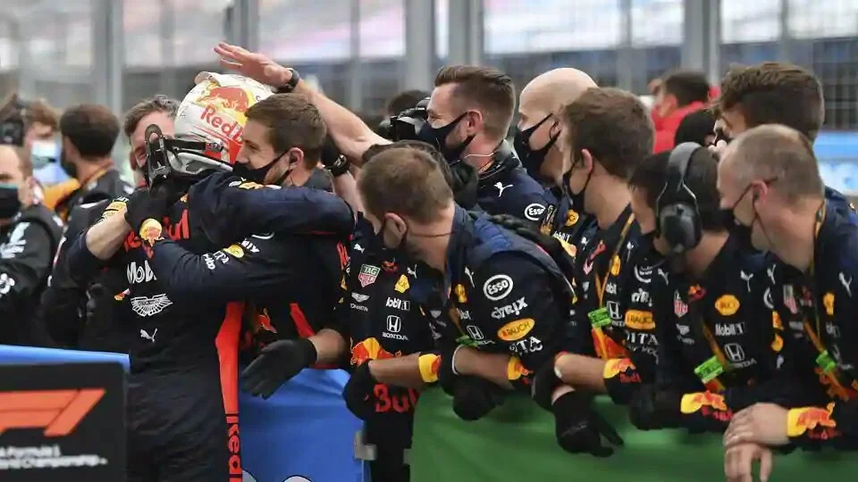 Second placed Red Bull driver Max Verstappen of the Netherlands, left, celebrates with his team after the Hungarian Formula One Grand Prix at the Hungaroring racetrack in Mogyorod, Hungary.