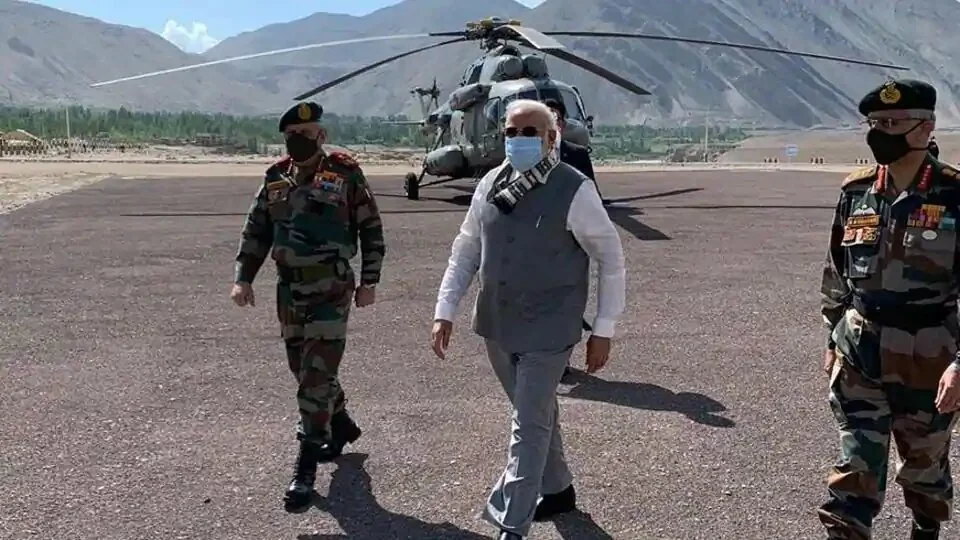 Chief of Defence Staff General Bipin Rawat and Army chief General MM Naravane with Prime Minister Narendra Modi in Leh on Friday.